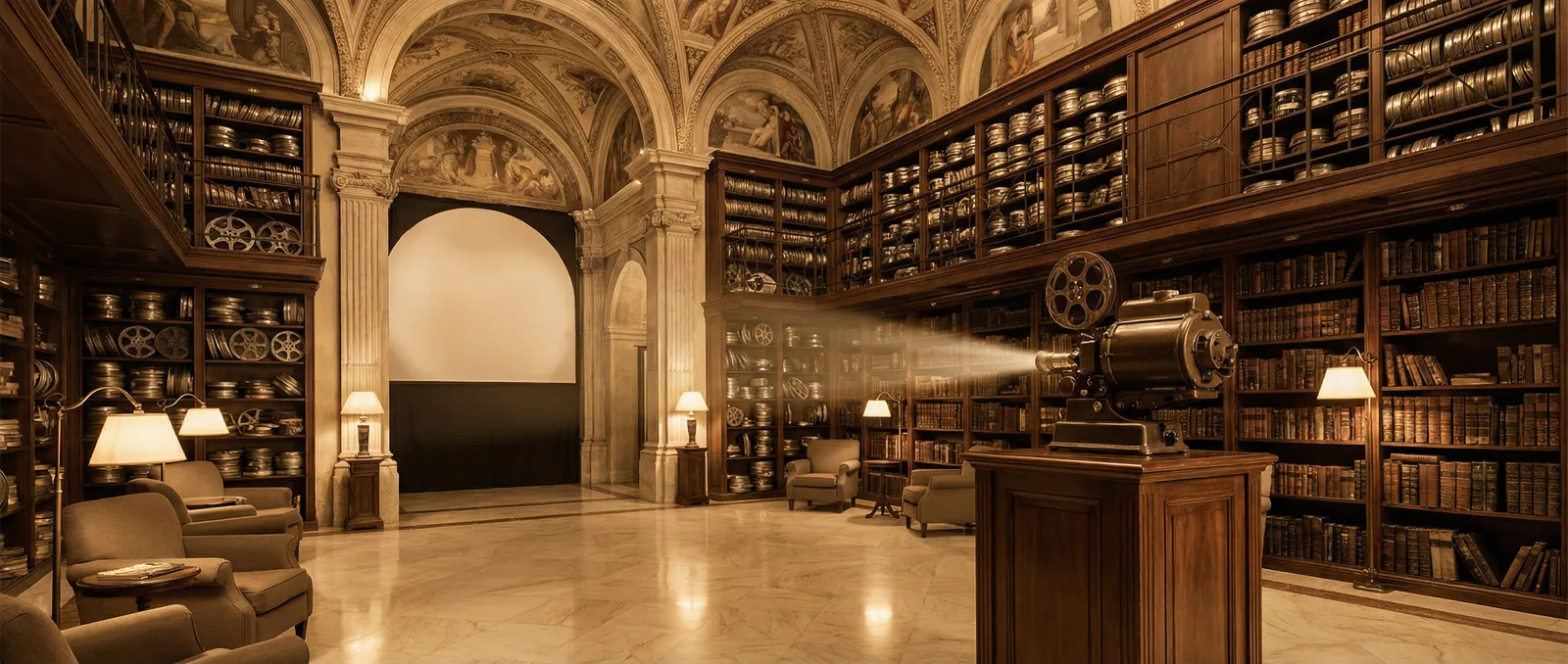 万影百科 - 电影资料馆内景，胶片与书籍交织的光影殿堂